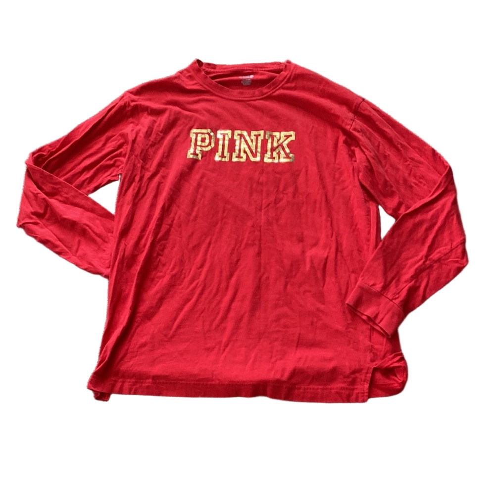 Victoria’s Secret PINK Red Long Sleeve Tee Gold Logo Graphic Casual Top SIZE L